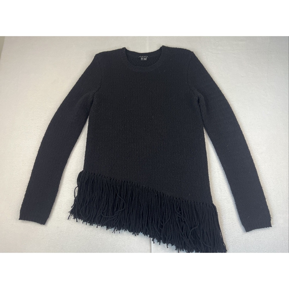 Theory Hudina Sweater Asymmetrical Fringe Hem Merino Wool Knit Black Medium M